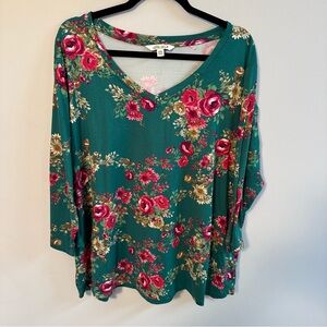 THE PIONEER WOMAN Women's V-Neck 3/4 Sleeve Shirt FLORAL Green & Pink Size XXXL